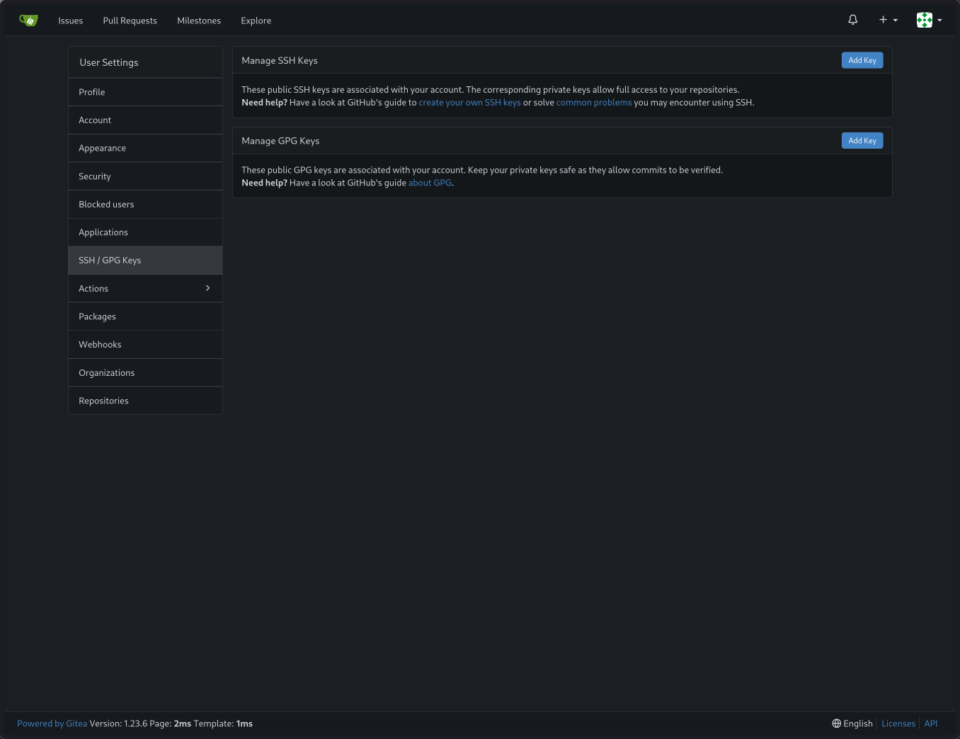 Gitea user settings page highlighting the Add Key button under SSH and GPG keys