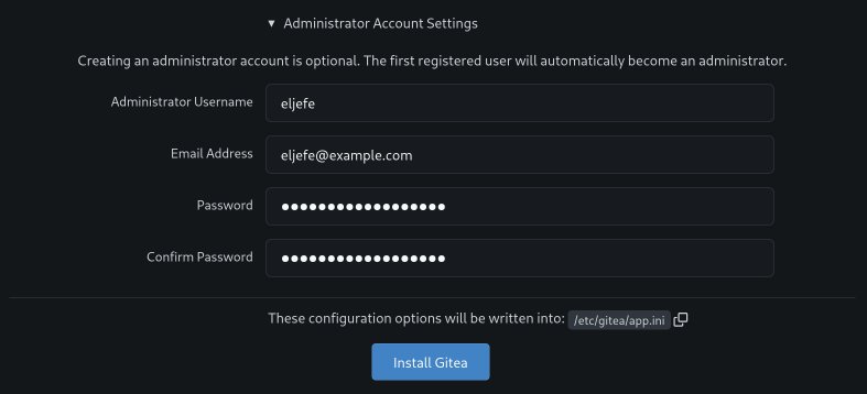 Gitea admin account creation fields