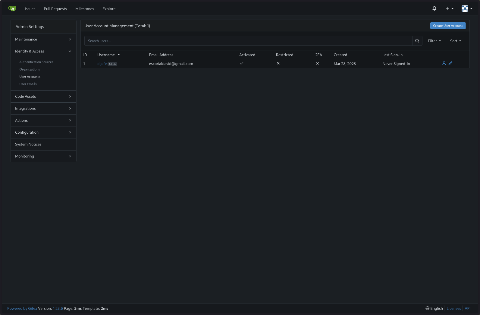 Navigating to user creation in Gitea admin panel