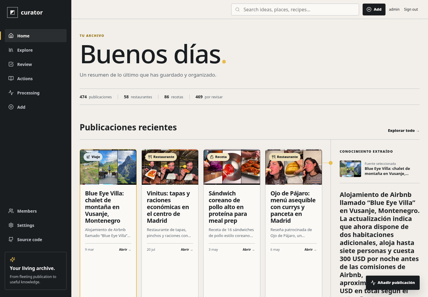 Curator dashboard showing the publication library and processing status