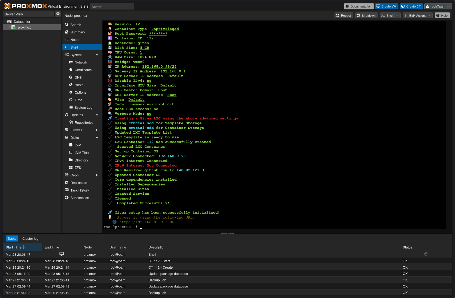 Console output showing Gitea IP and Port