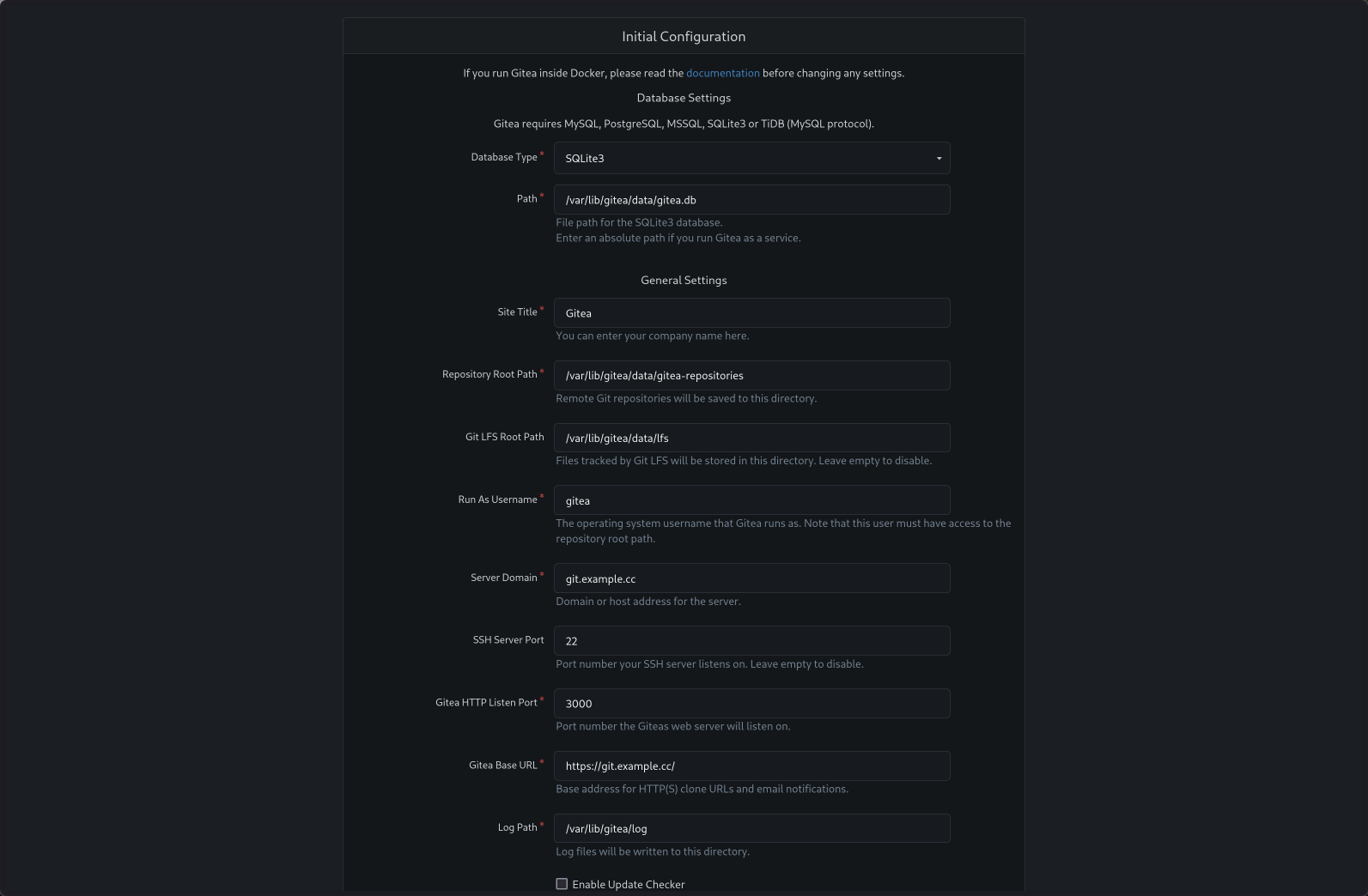 Gitea initial configuration screen