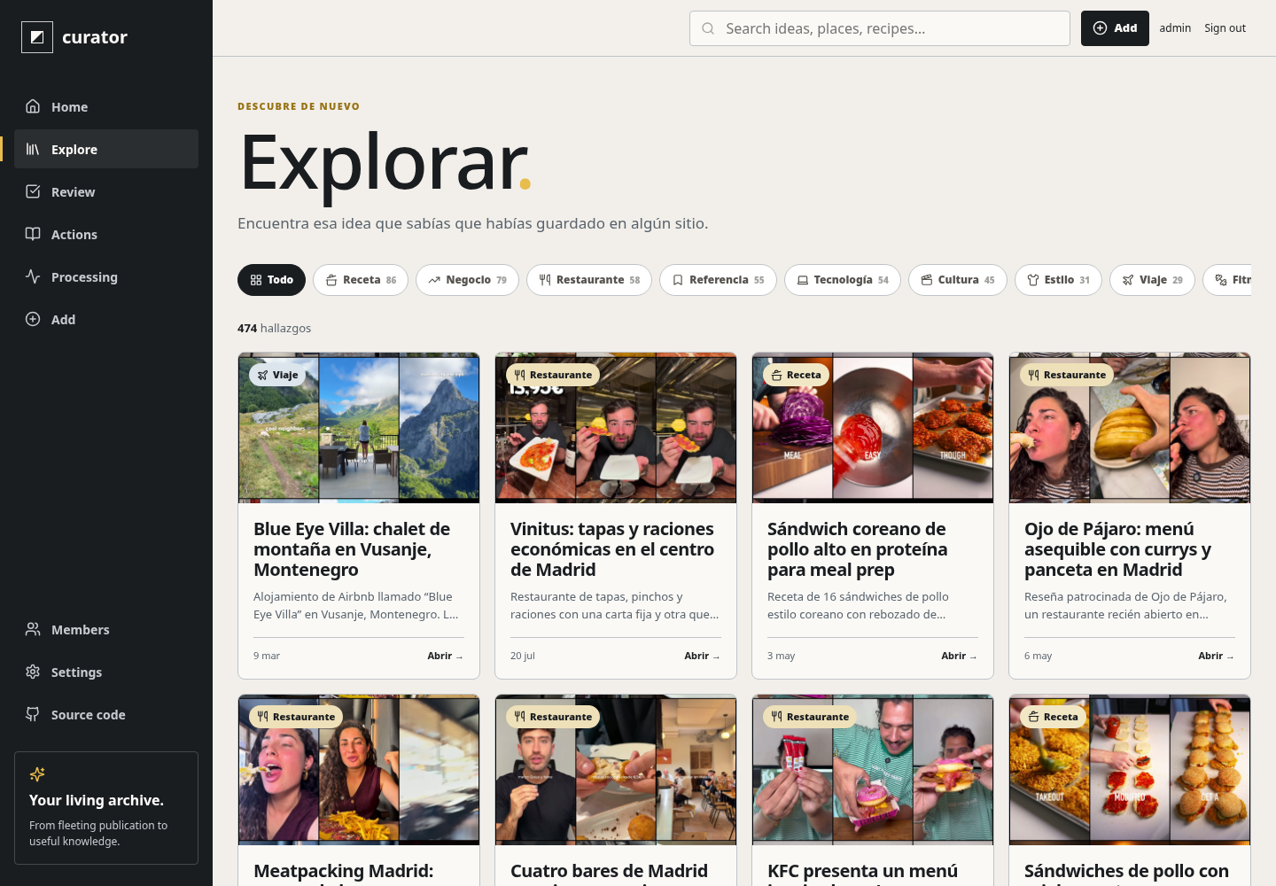 Curator library with search, filters, and analyzed Instagram publications