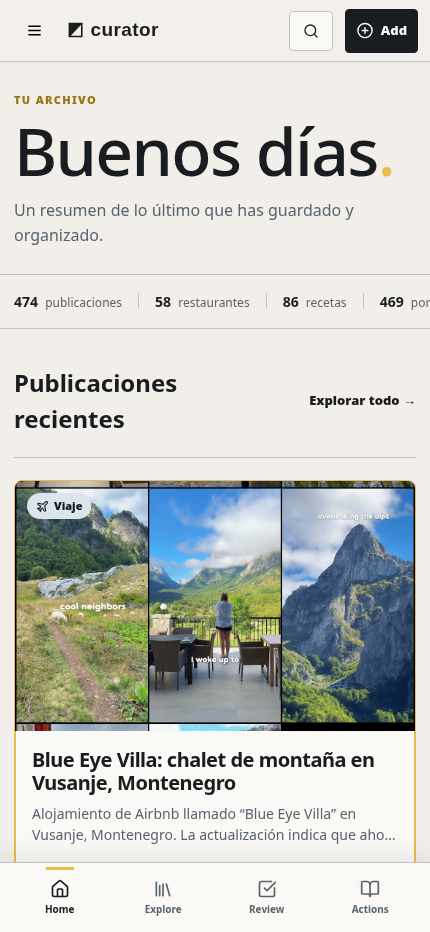 Curator dashboard displayed on a mobile phone
