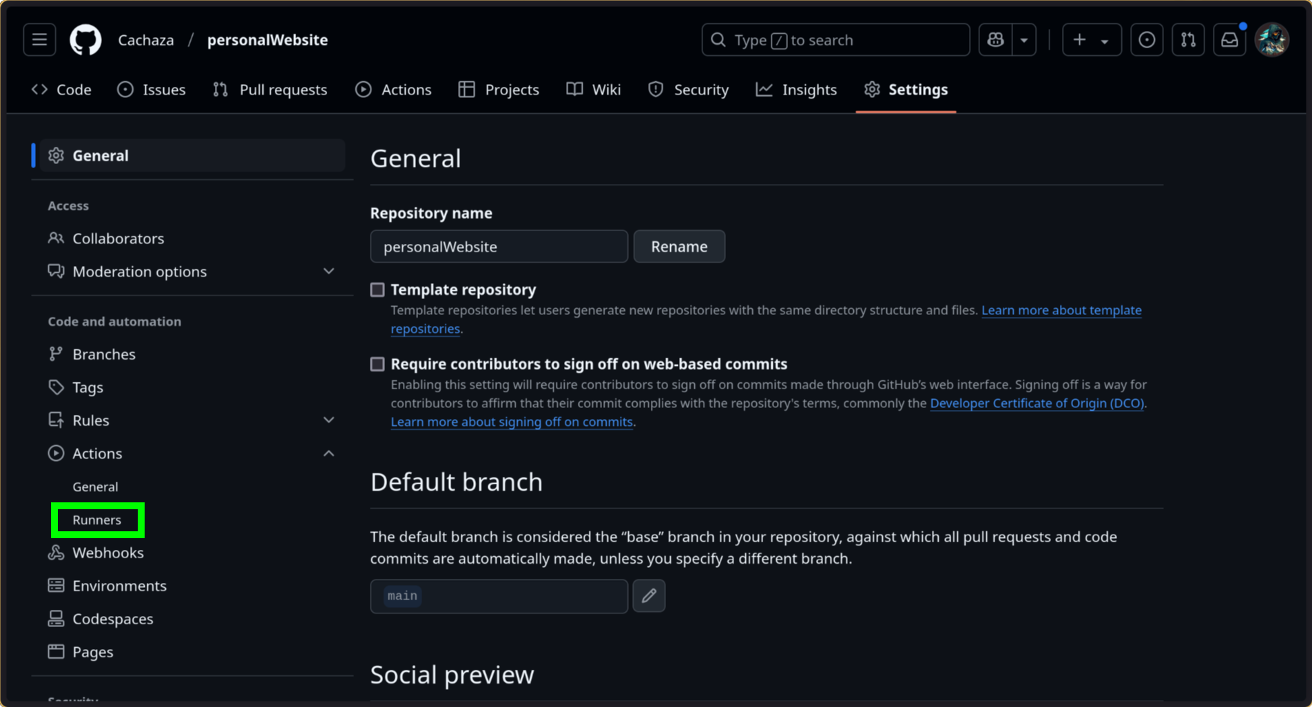 GitHub repository settings page with the Actions runners menu selected