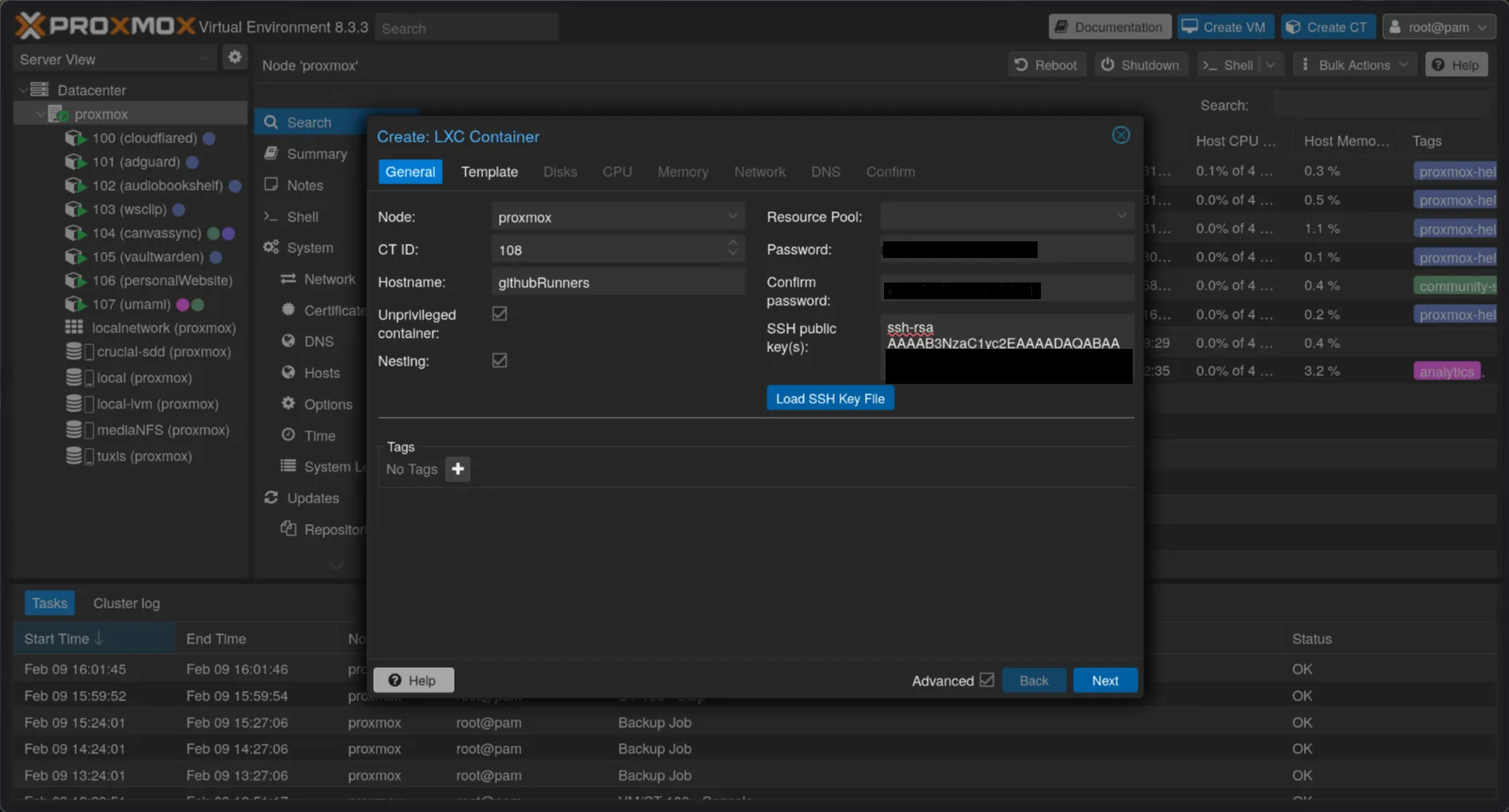 Proxmox container creation