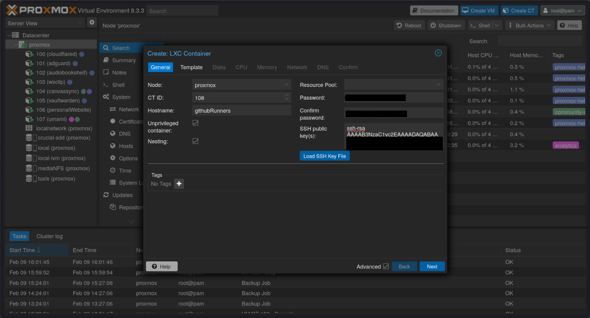 Proxmox container creation