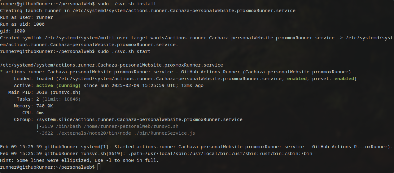 Terminal output showing the GitHub Actions runner installed and started as a service