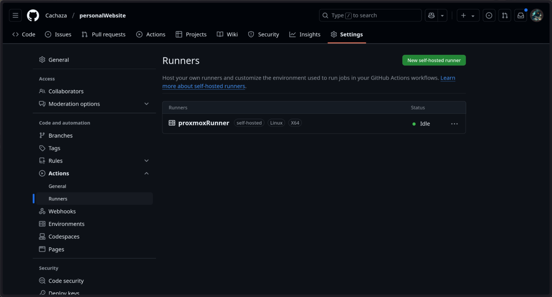 GitHub Actions runners page showing the self-hosted runner online and idle