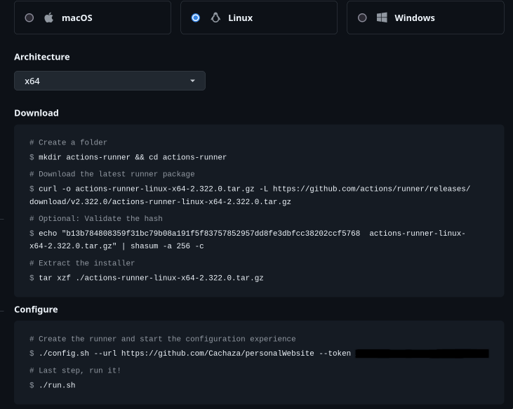 GitHub self-hosted runner setup page with Linux runner commands