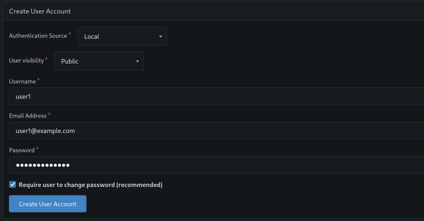 Gitea admin form for creating a new day-to-day user account